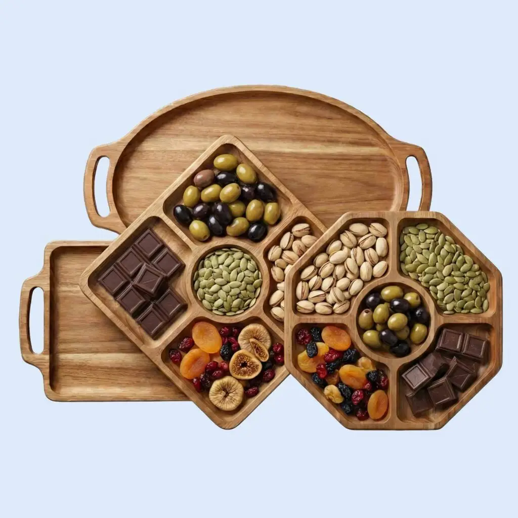 آجیل خوری چوبی چند خانه با ظرف تفریح؛ سرو آجیل و خشکبار در ظرف چوب گردو